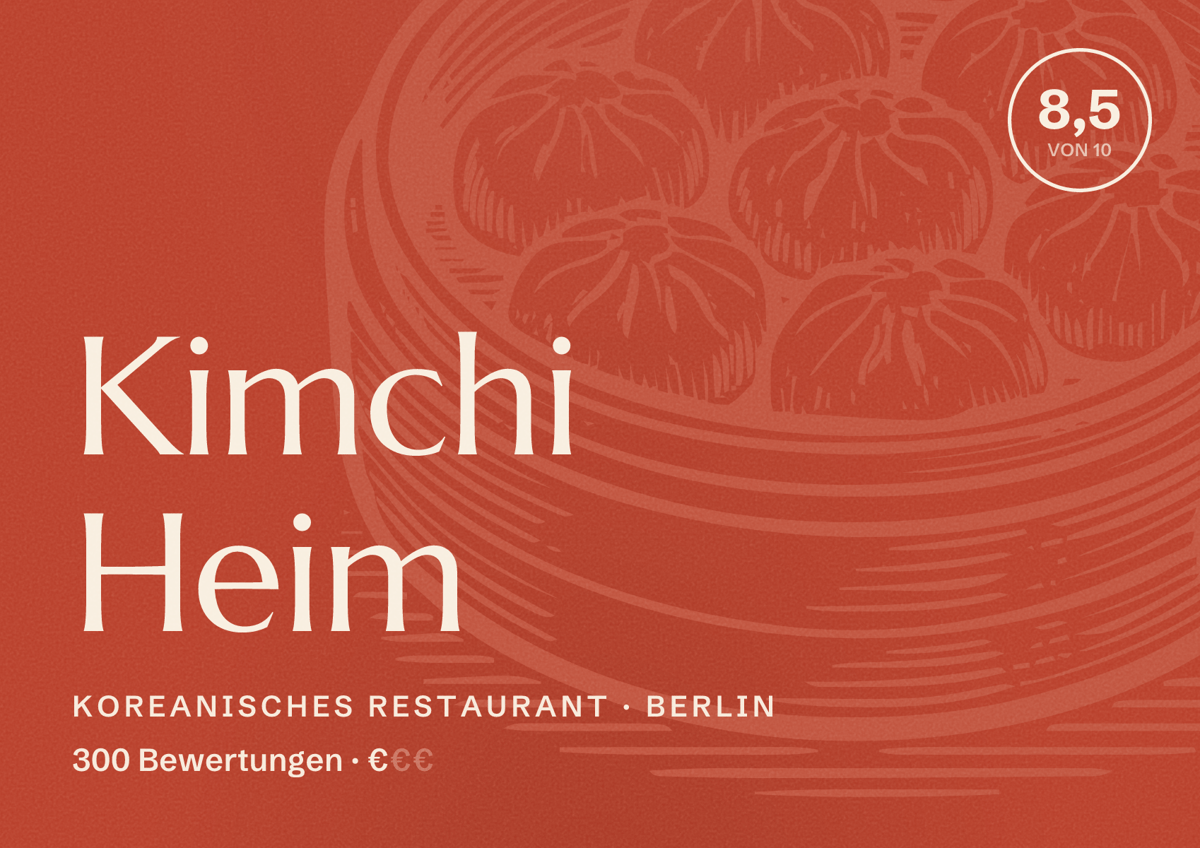 Illustriertes Poster von Kimchi Heim, Koreanisches Restaurant in Berlin: Bewertung 8,5 von 10 aus 300 Bewertungen, Preisniveau €