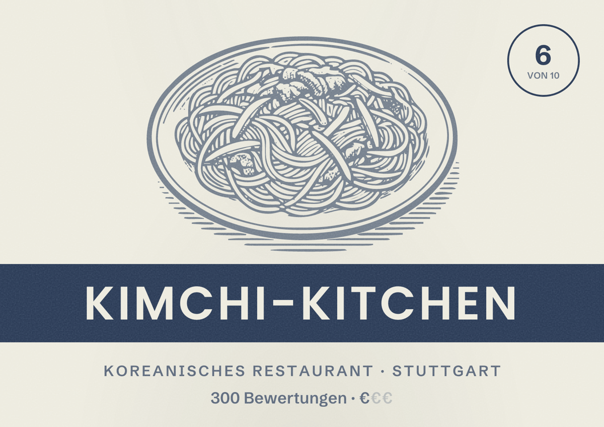 Illustriertes Poster von Kimchi-Kitchen, Koreanisches Restaurant in Stuttgart: Bewertung 6,0 von 10 aus 300 Bewertungen, Preisniveau €