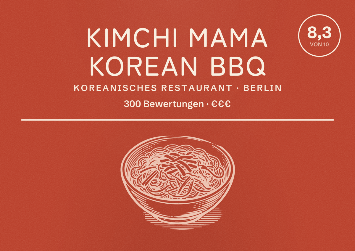 Illustriertes Poster von Kimchi Mama korean BBQ, Koreanisches Restaurant in Berlin: Bewertung 8,3 von 10 aus 300 Bewertungen, Preisniveau €€€