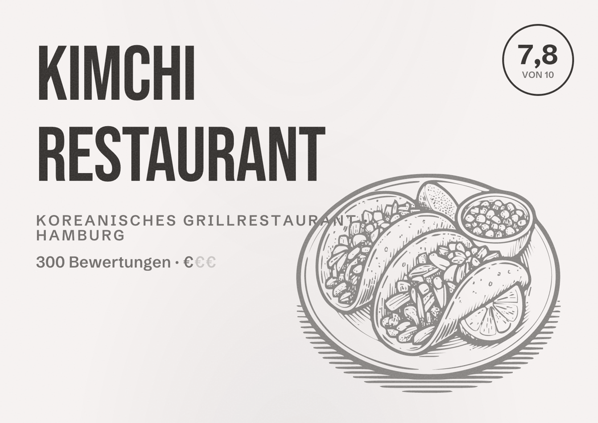 Illustriertes Poster von Kimchi Restaurant, Koreanisches Grillrestaurant in Hamburg: Bewertung 7,8 von 10 aus 300 Bewertungen, Preisniveau €