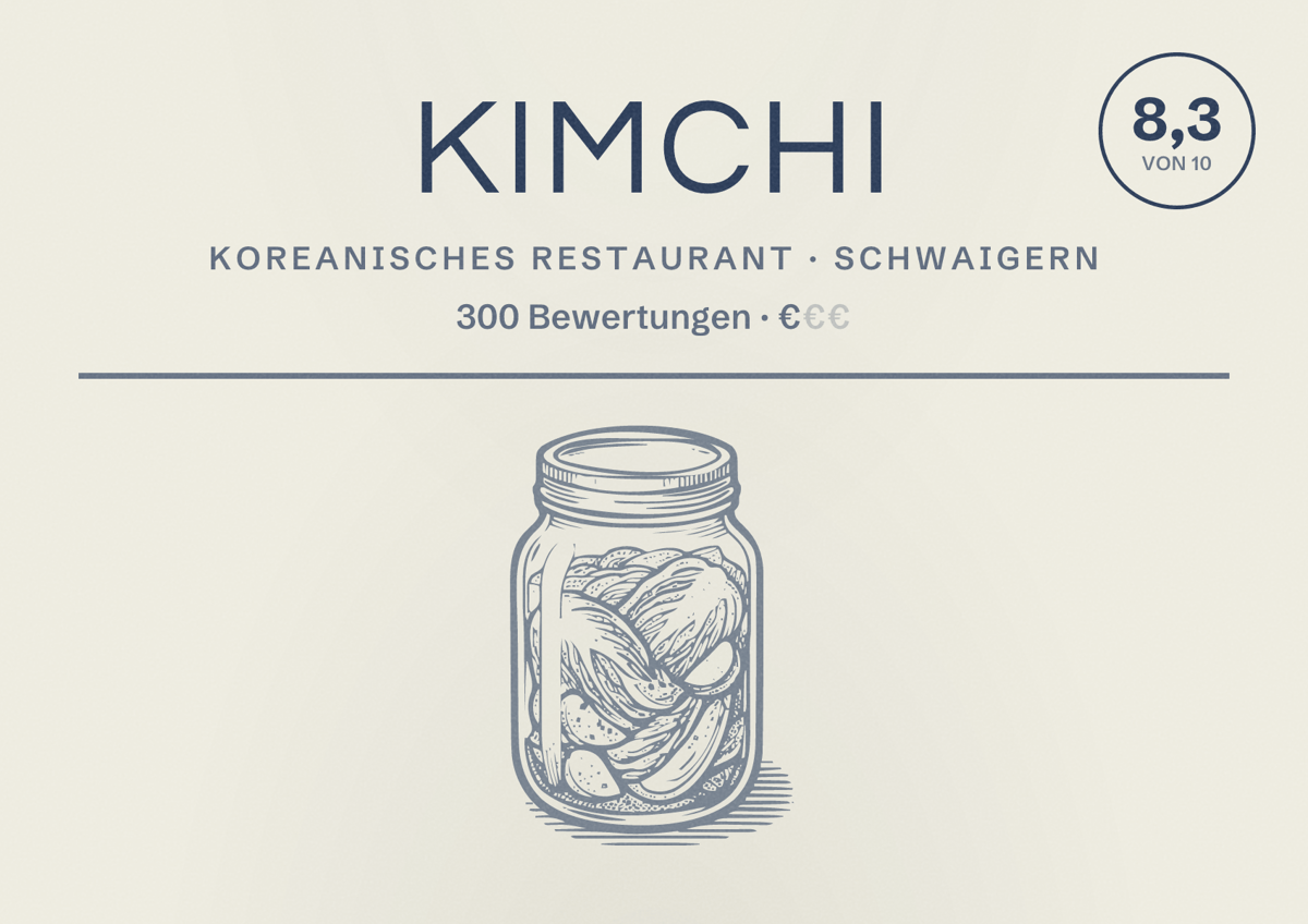 Illustriertes Poster von KIMCHI, Koreanisches Restaurant in Schwaigern: Bewertung 8,3 von 10 aus 300 Bewertungen, Preisniveau €