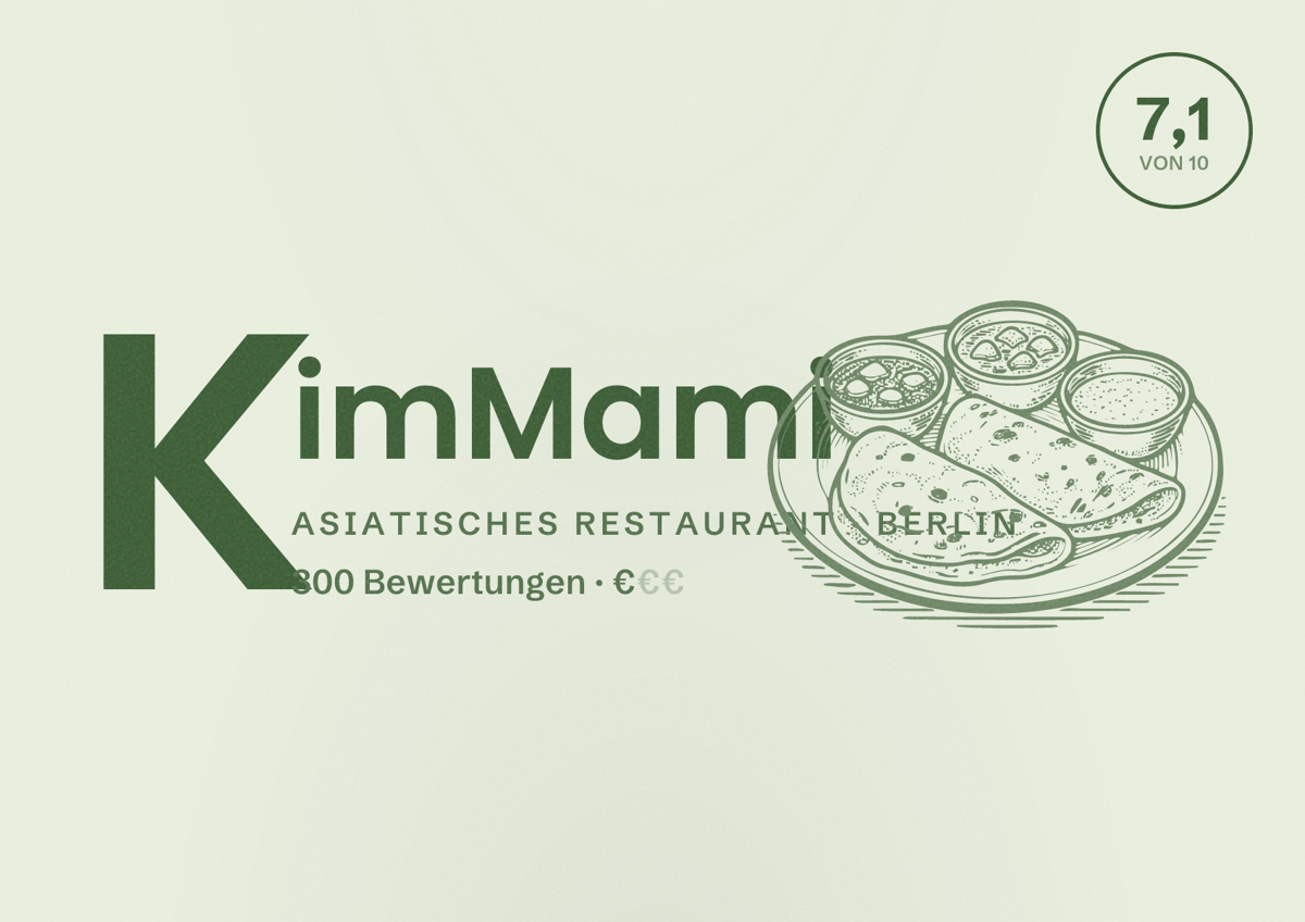 Illustriertes Poster von KimMami, Asiatisches Restaurant in Berlin: Bewertung 7,1 von 10 aus 300 Bewertungen, Preisniveau €