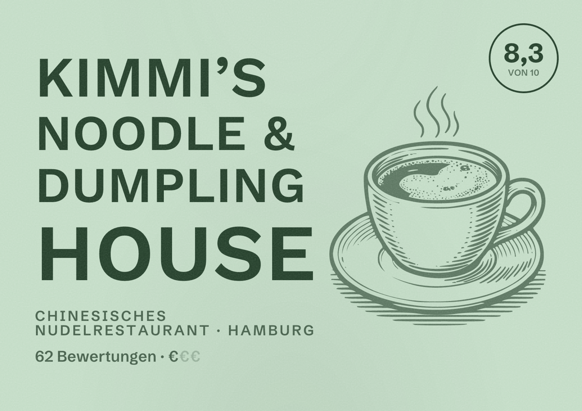 Illustriertes Poster von Kimmi’s Noodle & Dumpling House, Chinesisches Nudelrestaurant in Hamburg: Bewertung 8,3 von 10 aus 62 Bewertungen, Preisniveau €