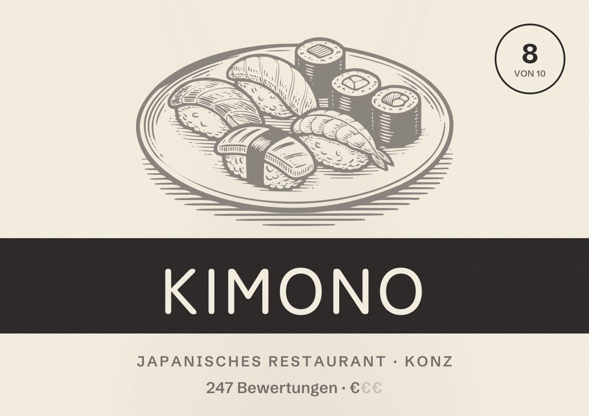 Illustriertes Poster von Kimono, Japanisches Restaurant in Konz: Bewertung 8 von 10 aus 247 Bewertungen, Preisniveau €