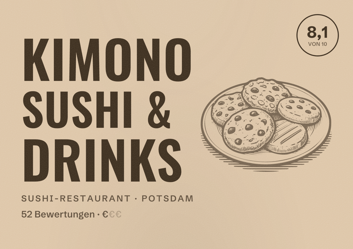 Illustriertes Poster von Kimono Sushi & Drinks, Sushi-Restaurant in Potsdam: Bewertung 8,1 von 10 aus 52 Bewertungen, Preisniveau €