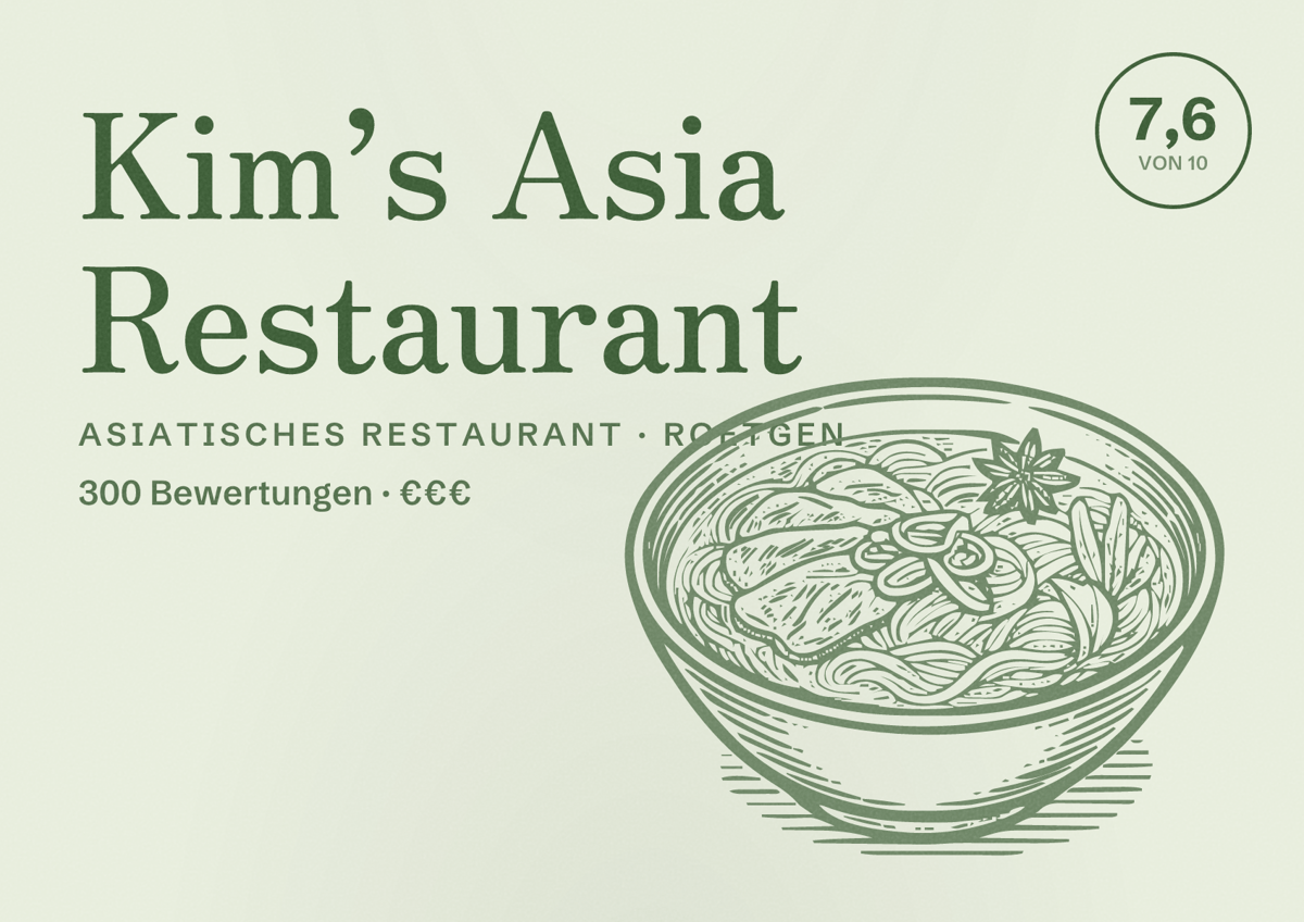 Illustriertes Poster von Kim’s Asia Restaurant, Asiatisches Restaurant in Roetgen: Bewertung 7,6 von 10 aus 300 Bewertungen, Preisniveau €€€
