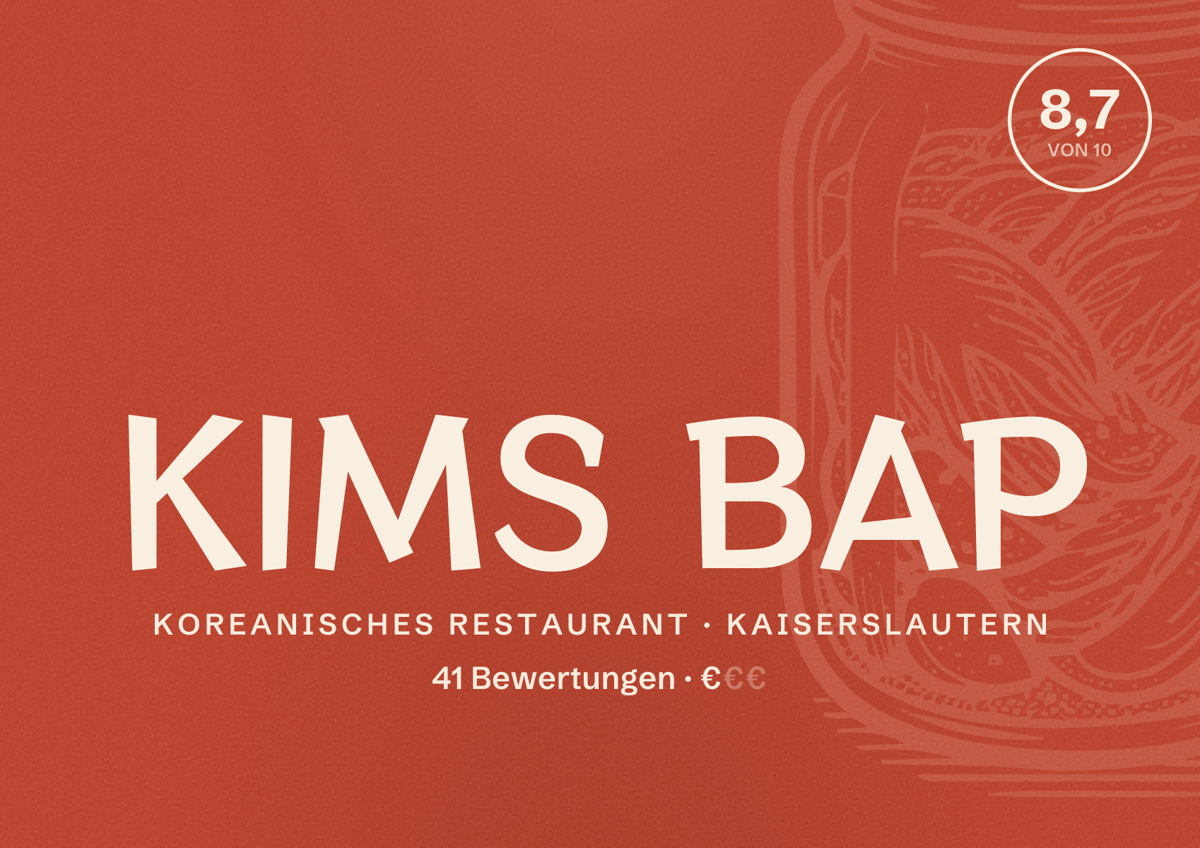 Illustriertes Poster von KIMS BAP, Koreanisches Restaurant in Kaiserslautern: Bewertung 8,7 von 10 aus 41 Bewertungen, Preisniveau €