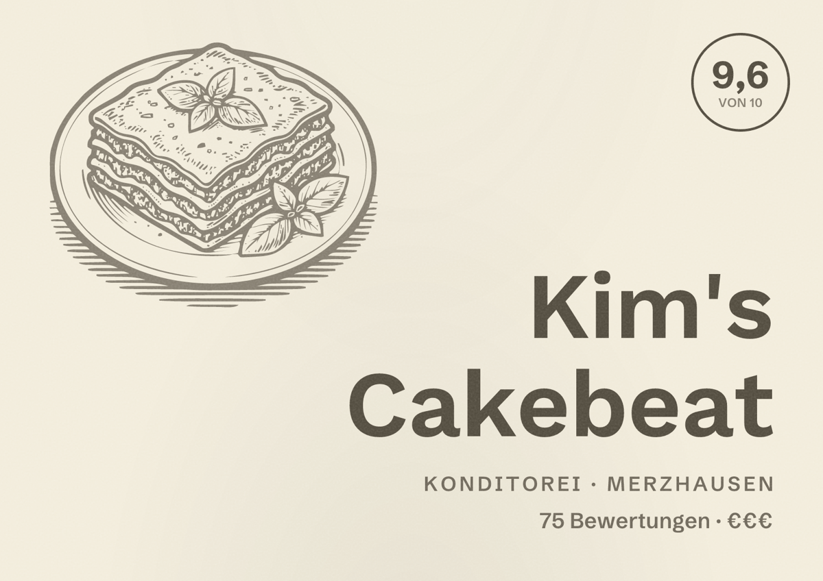 Illustriertes Poster von Kim's Cakebeat, Konditorei in Merzhausen: Bewertung 9,6 von 10 aus 75 Bewertungen, Preisniveau €€€