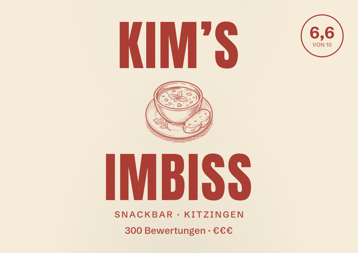 Illustriertes Poster von Kim’s Imbiss, Snackbar in Kitzingen: Bewertung 6,6 von 10 aus 300 Bewertungen, Preisniveau €€€