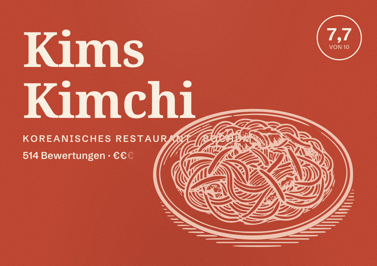 Illustriertes Poster von Kims Kimchi, Koreanisches Restaurant in Bochum: Bewertung 7,7 von 10 aus 514 Bewertungen, Preisniveau €€