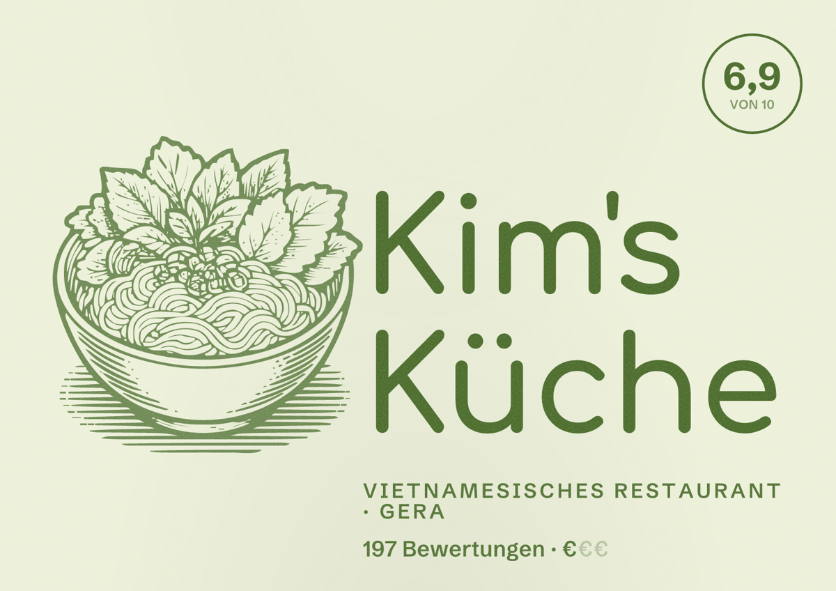 Illustriertes Poster von Kim's Küche, Vietnamesisches Restaurant in Gera: Bewertung 6,9 von 10 aus 197 Bewertungen, Preisniveau €
