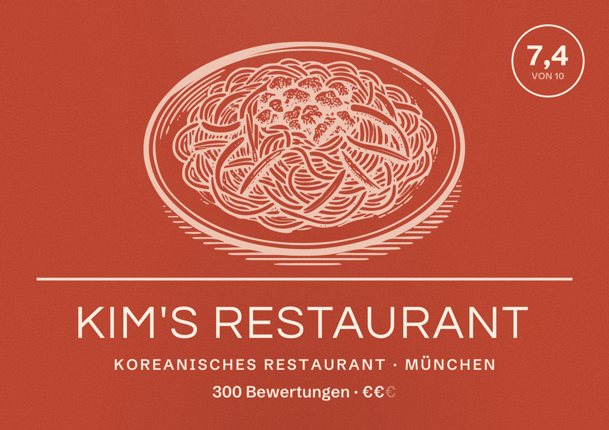 Illustriertes Poster von Kim's Restaurant, Koreanisches Restaurant in München: Bewertung 7,4 von 10 aus 300 Bewertungen, Preisniveau €€