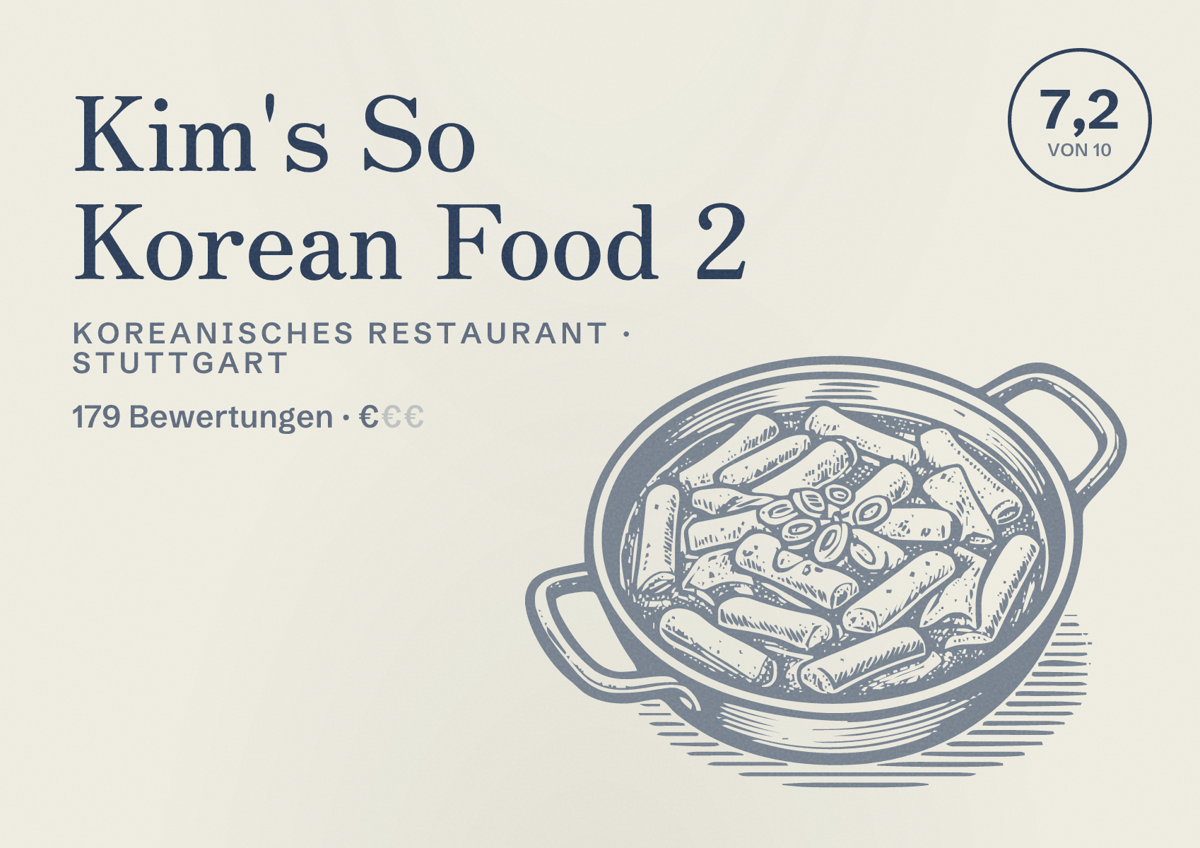 Illustriertes Poster von Kim's So Korean Food 2, Koreanisches Restaurant in Stuttgart: Bewertung 7,2 von 10 aus 179 Bewertungen, Preisniveau €