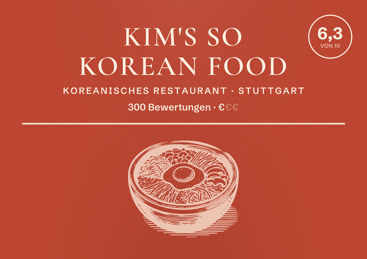 Illustriertes Poster von Kim's So Korean Food, Koreanisches Restaurant in Stuttgart: Bewertung 6,3 von 10 aus 300 Bewertungen, Preisniveau €