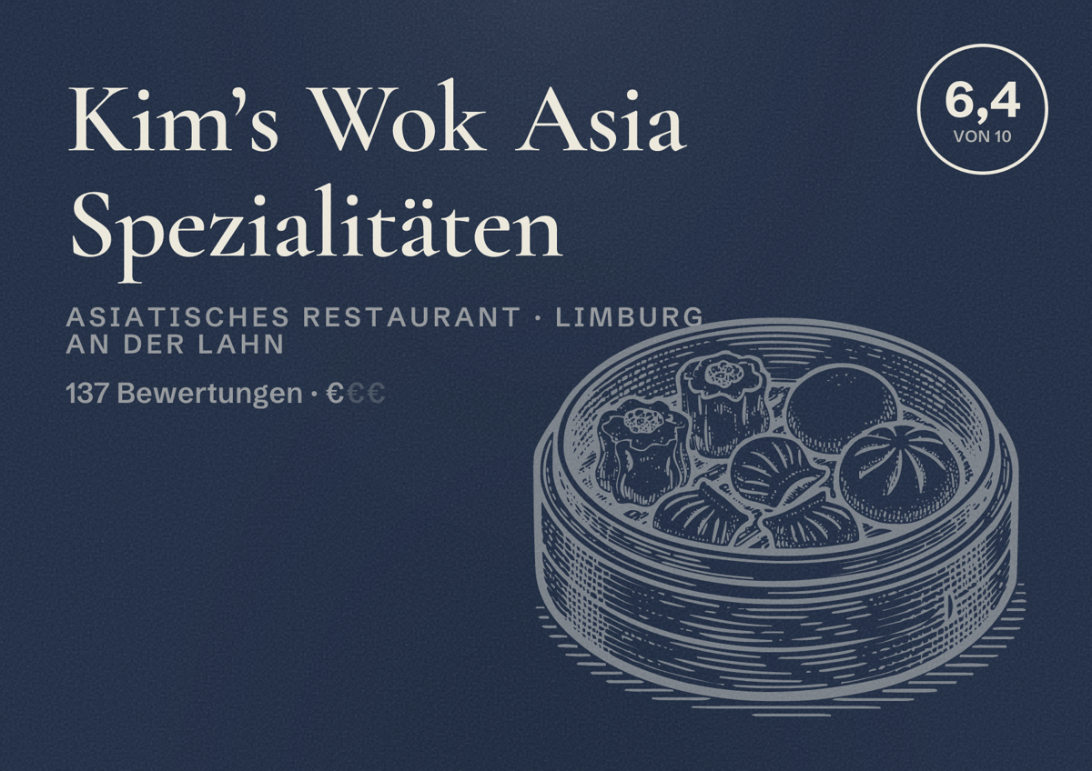 Illustriertes Poster von Kim’s Wok Asia Spezialitäten, Asiatisches Restaurant in Limburg an der Lahn: Bewertung 6,4 von 10 aus 137 Bewertungen, Preisniveau €