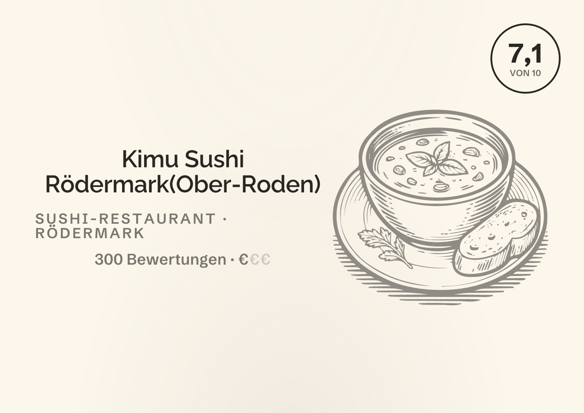 Illustriertes Poster von Kimu Sushi Rödermark(Ober-Roden), Sushi-Restaurant in Rödermark: Bewertung 7,1 von 10 aus 300 Bewertungen, Preisniveau €
