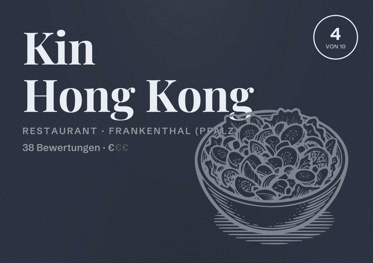 Illustriertes Poster von Kin Hong Kong, Restaurant in Frankenthal (Pfalz): Bewertung 4 von 10 aus 38 Bewertungen, Preisniveau €