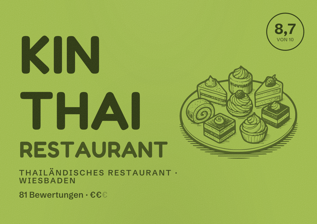 Illustriertes Poster von Kin Thai Restaurant, Thailändisches Restaurant in Wiesbaden: Bewertung 8,7 von 10 aus 81 Bewertungen, Preisniveau €€