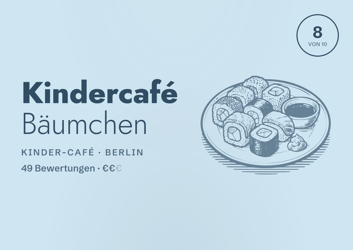 Illustriertes Poster von Kindercafé Bäumchen, Kinder-Café in Berlin: Bewertung 8 von 10 aus 49 Bewertungen, Preisniveau €€