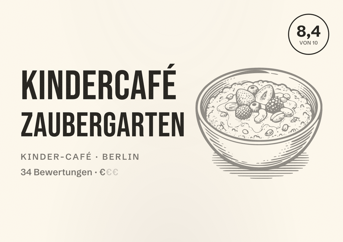 Illustriertes Poster von Kindercafé Zaubergarten, Kinder-Café in Berlin: Bewertung 8,4 von 10 aus 34 Bewertungen, Preisniveau €