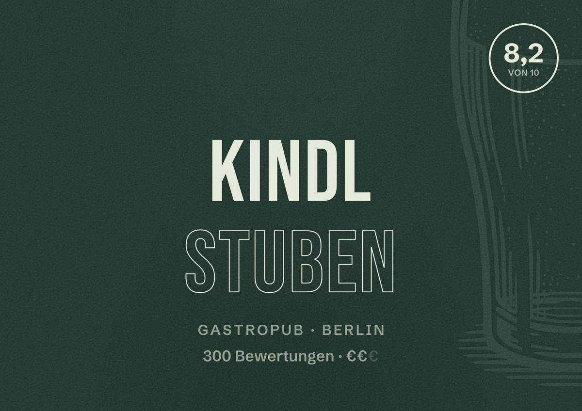 Illustriertes Poster von Kindl Stuben, Gastropub in Berlin: Bewertung 8,2 von 10 aus 300 Bewertungen, Preisniveau €€