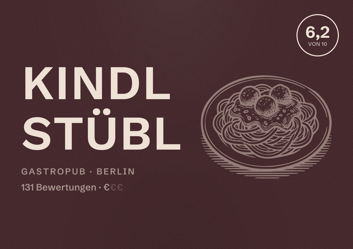 Illustriertes Poster von Kindl Stübl, Gastropub in Berlin: Bewertung 6,2 von 10 aus 131 Bewertungen, Preisniveau €