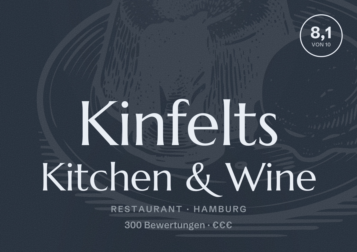 Illustriertes Poster von Kinfelts Kitchen & Wine, Restaurant in Hamburg: Bewertung 8,1 von 10 aus 300 Bewertungen, Preisniveau €€€