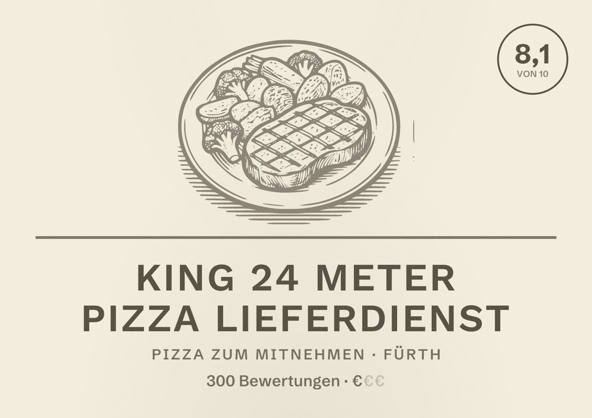 Illustriertes Poster von King 24 Meter Pizza Lieferdienst, Pizza zum Mitnehmen in Fürth: Bewertung 8,1 von 10 aus 300 Bewertungen, Preisniveau €