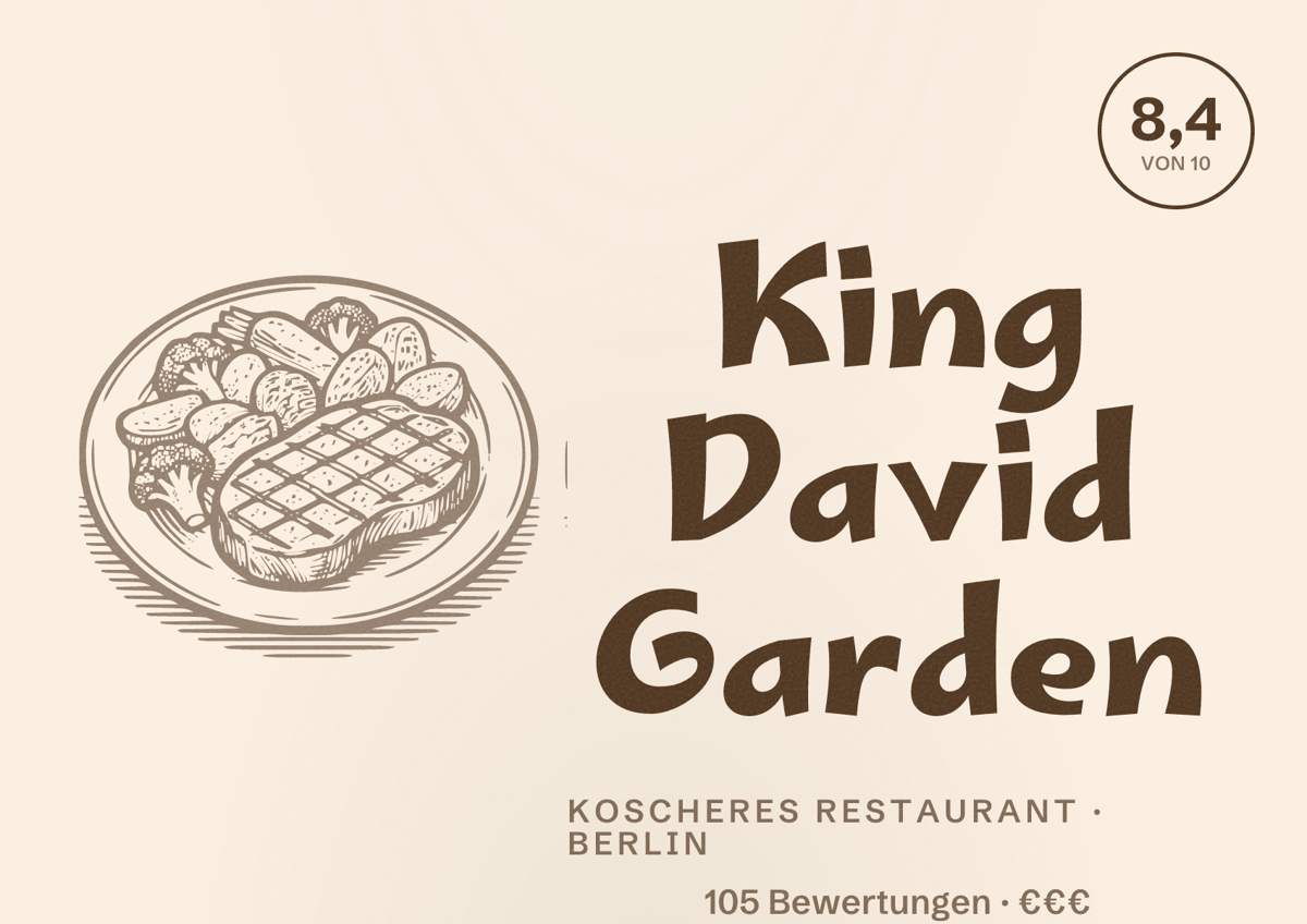 Illustriertes Poster von King David Garden, Koscheres Restaurant in Berlin: Bewertung 8,4 von 10 aus 105 Bewertungen, Preisniveau €€€