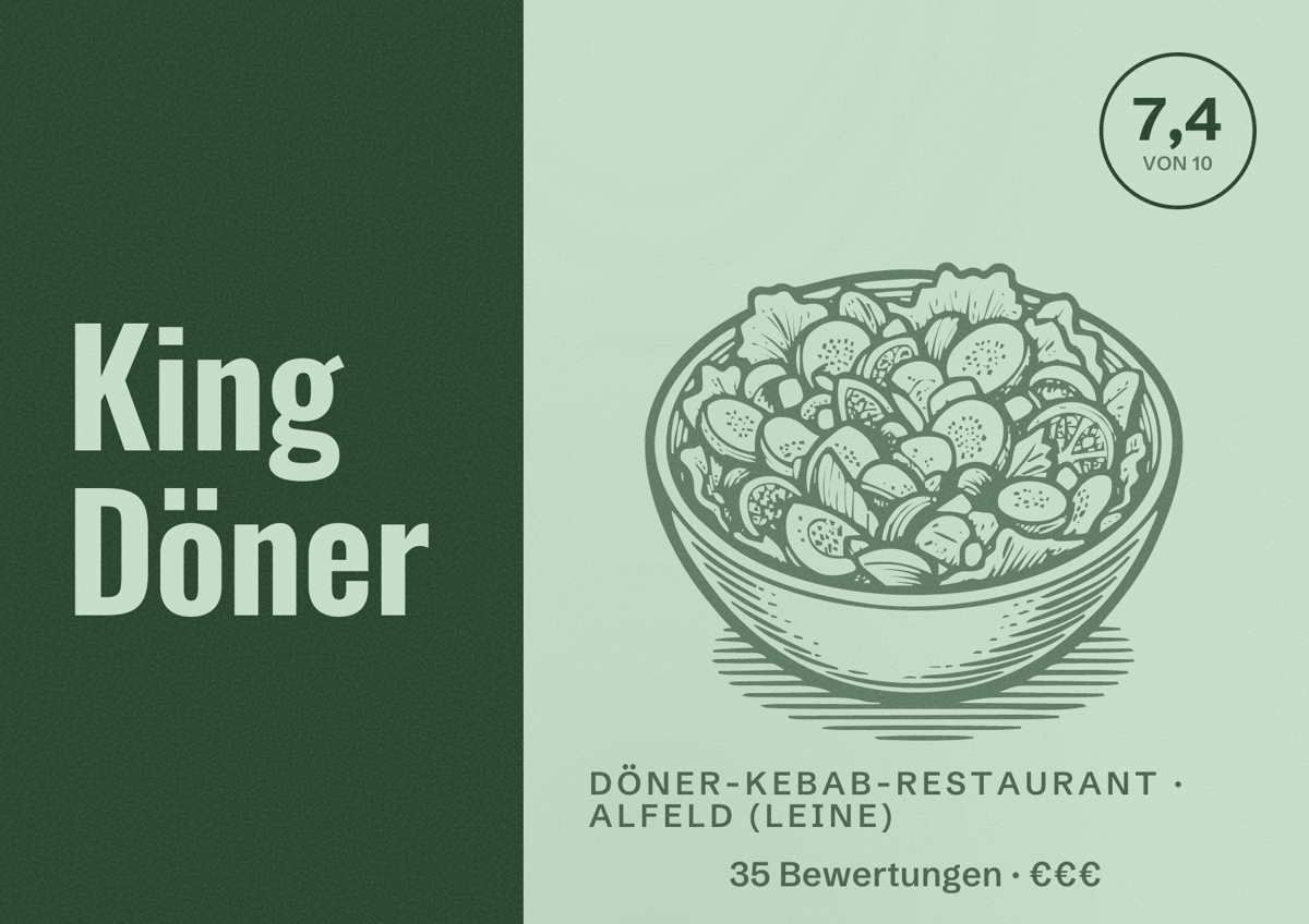 Illustriertes Poster von King Döner, Döner-Kebab-Restaurant in Alfeld (Leine): Bewertung 7,4 von 10 aus 35 Bewertungen, Preisniveau €€€