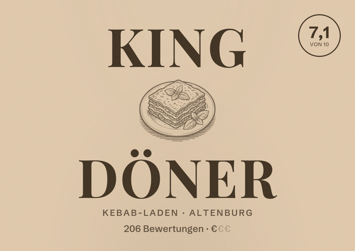 Illustriertes Poster von King Döner, Kebab-Laden in Altenburg: Bewertung 7,1 von 10 aus 206 Bewertungen, Preisniveau €