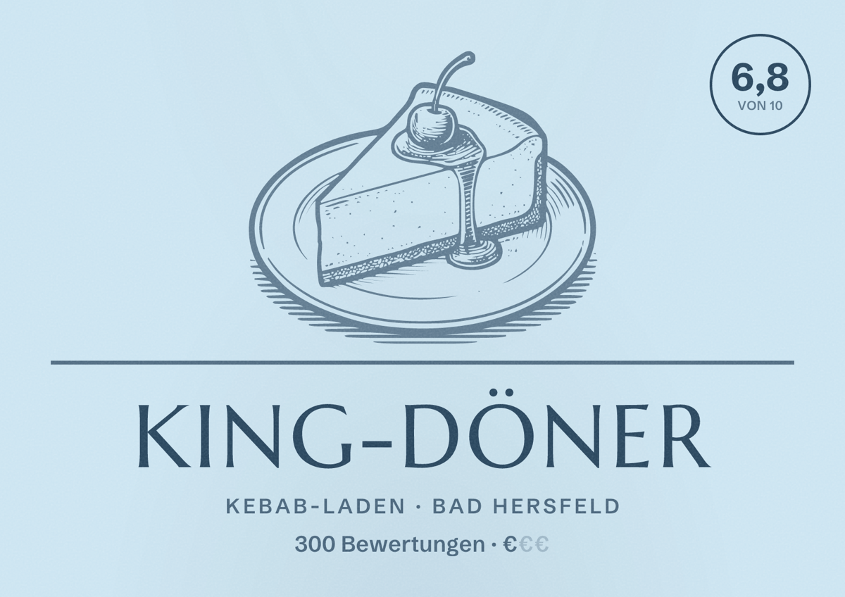Illustriertes Poster von King-Döner, Kebab-Laden in Bad Hersfeld: Bewertung 6,8 von 10 aus 300 Bewertungen, Preisniveau €