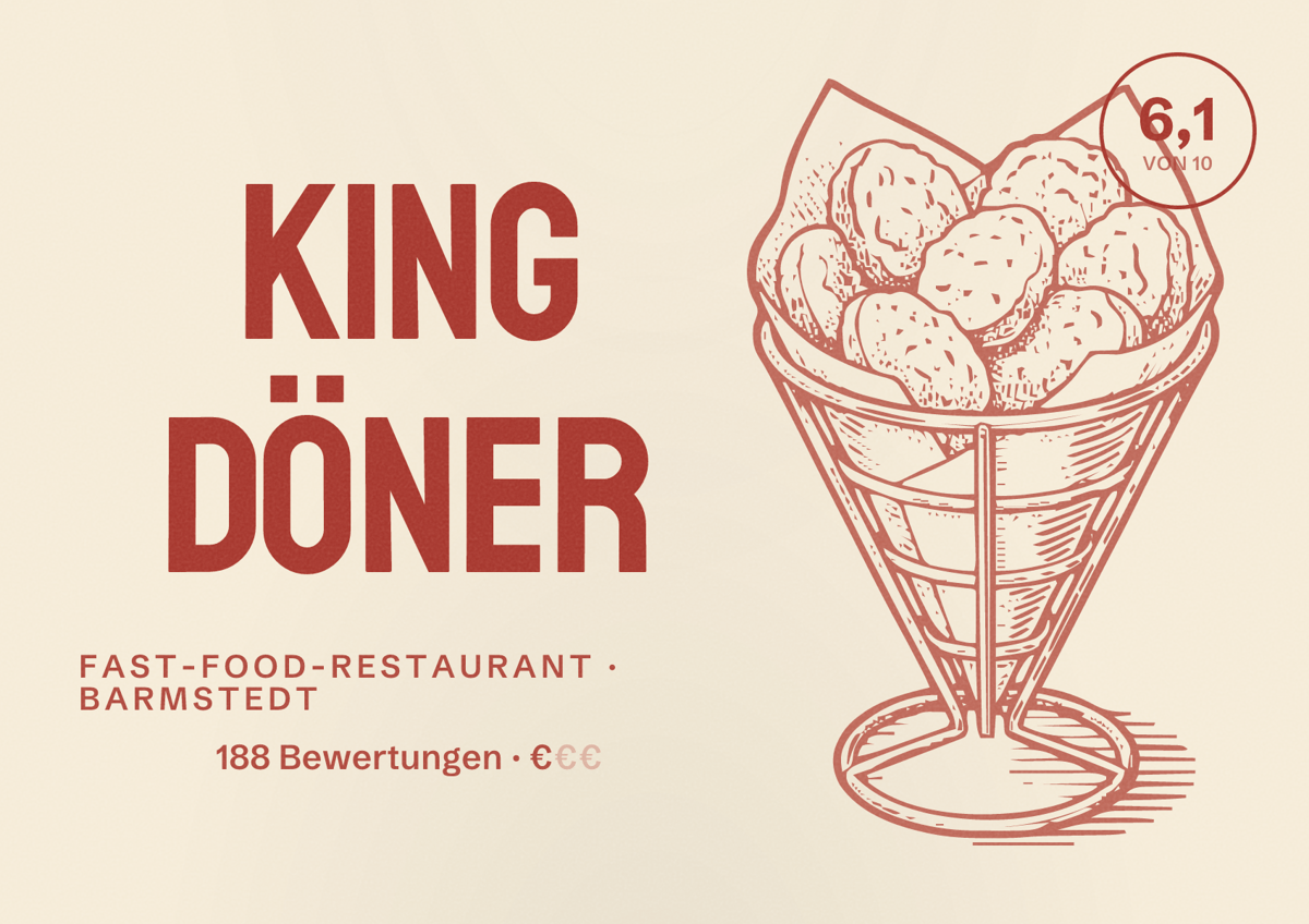 Illustriertes Poster von King Döner, Fast-Food-Restaurant in Barmstedt: Bewertung 6,1 von 10 aus 188 Bewertungen, Preisniveau €