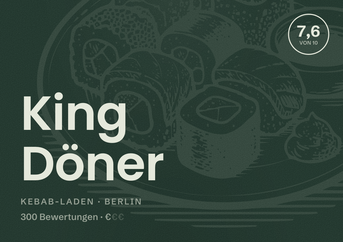 Illustriertes Poster von King Döner, Kebab-Laden in Berlin: Bewertung 7,6 von 10 aus 300 Bewertungen, Preisniveau €