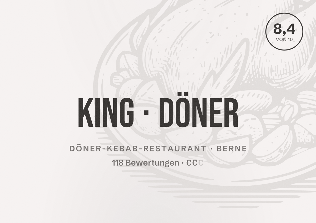 Illustriertes Poster von KING DÖNER, Döner-Kebab-Restaurant in Berne: Bewertung 8,4 von 10 aus 118 Bewertungen, Preisniveau €€