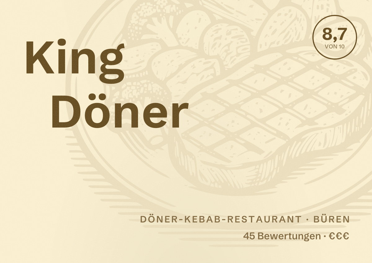 Illustriertes Poster von King Döner, Döner-Kebab-Restaurant in Büren: Bewertung 8,7 von 10 aus 45 Bewertungen, Preisniveau €€€