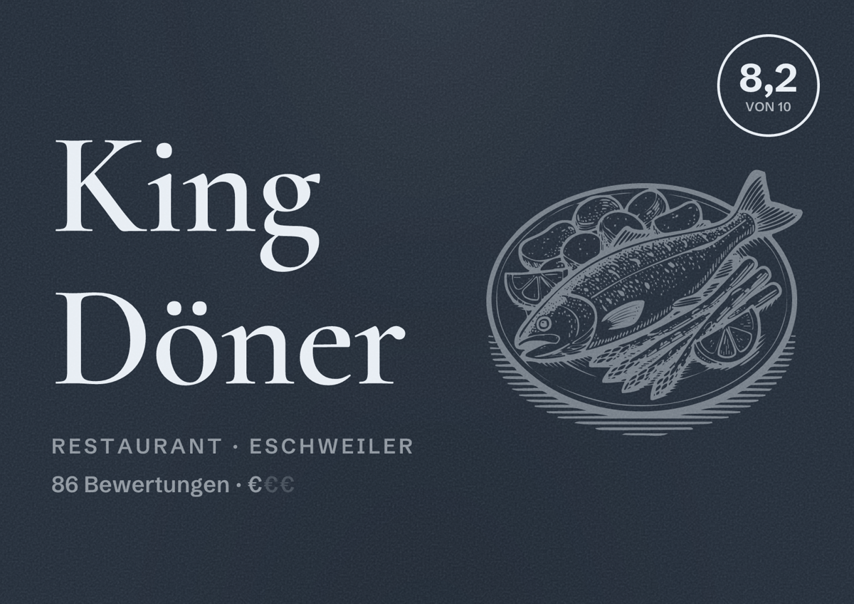 Illustriertes Poster von King Döner, Restaurant in Eschweiler: Bewertung 8,2 von 10 aus 86 Bewertungen, Preisniveau €