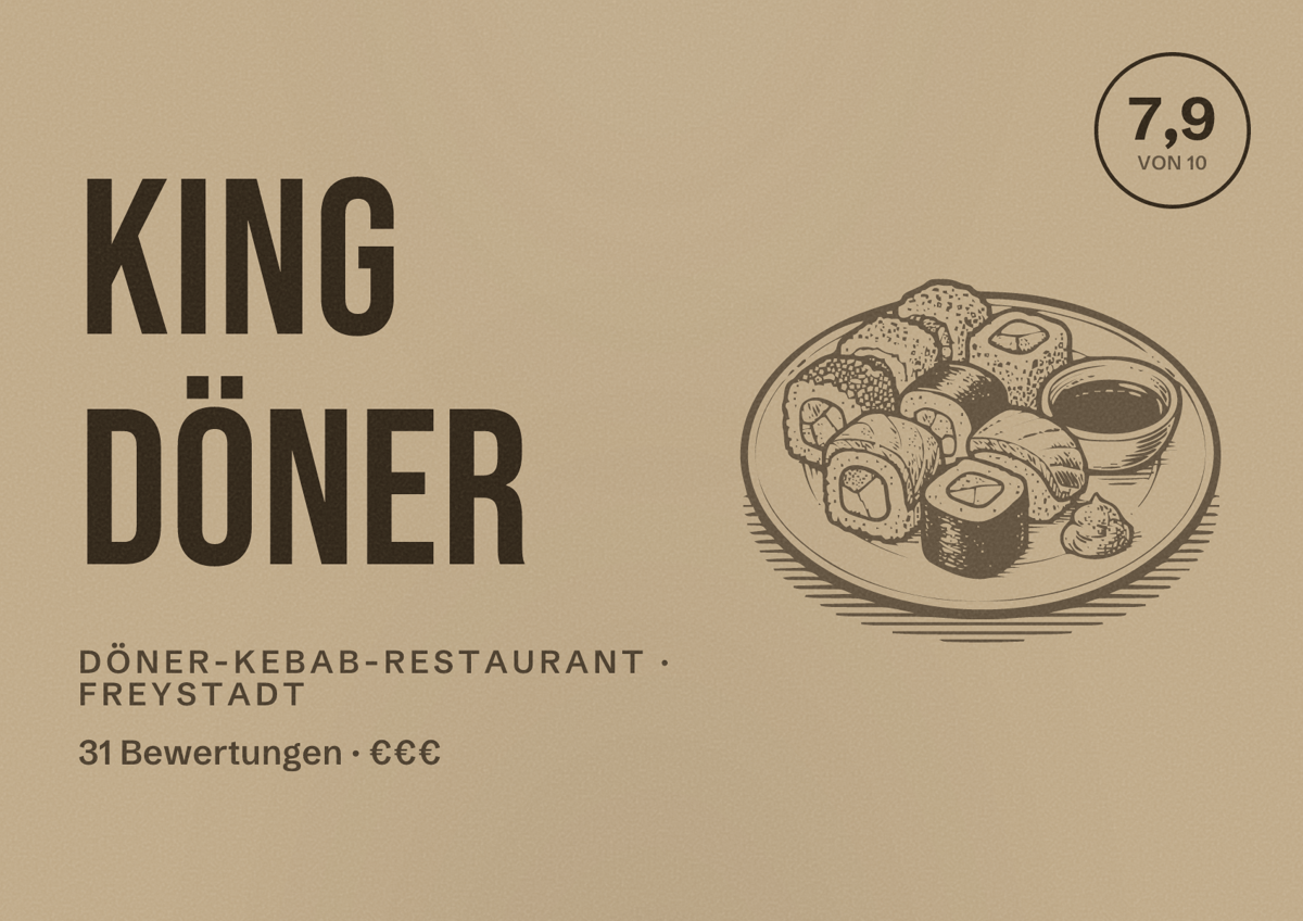 Illustriertes Poster von King Döner, Döner-Kebab-Restaurant in Freystadt: Bewertung 7,9 von 10 aus 31 Bewertungen, Preisniveau €€€