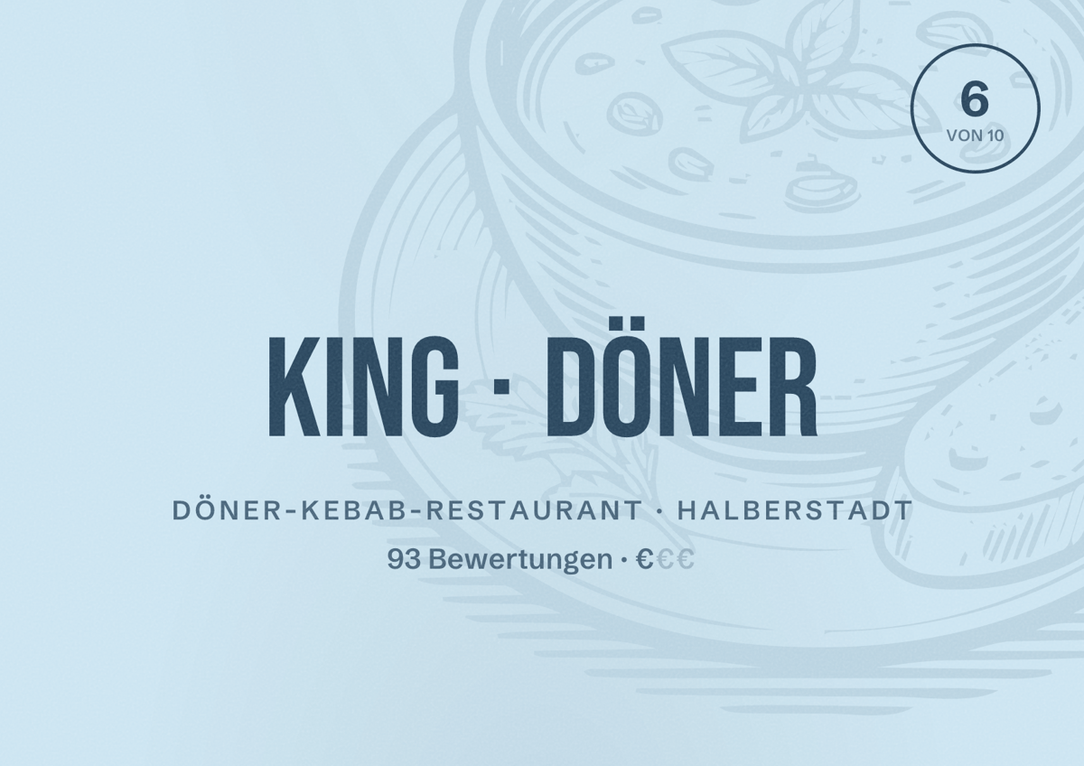 Illustriertes Poster von King Döner, Döner-Kebab-Restaurant in Halberstadt: Bewertung 6 von 10 aus 93 Bewertungen, Preisniveau €