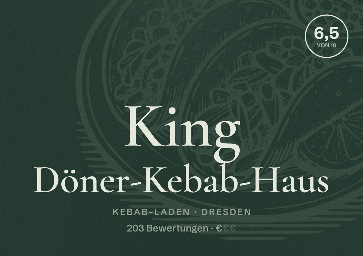 Illustriertes Poster von King Döner-Kebab-Haus, Kebab-Laden in Dresden: Bewertung 6,5 von 10 aus 203 Bewertungen, Preisniveau €