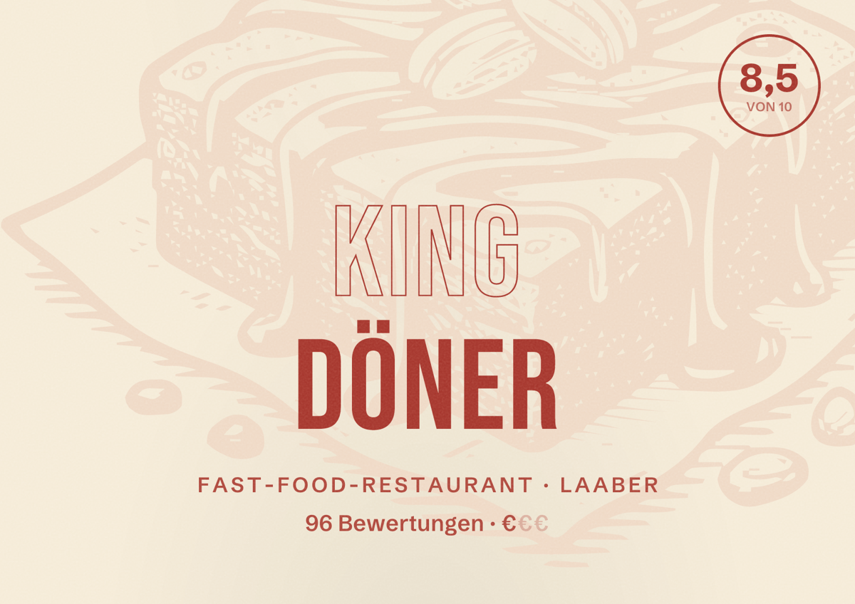 Illustriertes Poster von King Döner, Fast-Food-Restaurant in Laaber: Bewertung 8,5 von 10 aus 96 Bewertungen, Preisniveau €