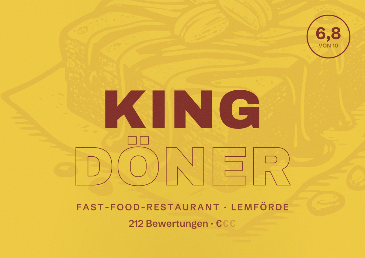 Illustriertes Poster von King Döner, Fast-Food-Restaurant in Lemförde: Bewertung 6,8 von 10 aus 212 Bewertungen, Preisniveau €