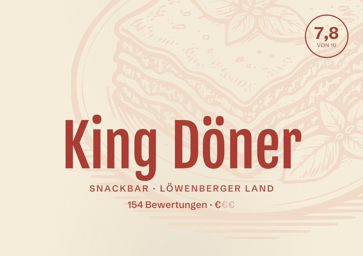 Illustriertes Poster von King Döner, Snackbar in Löwenberger Land: Bewertung 7,8 von 10 aus 154 Bewertungen, Preisniveau €