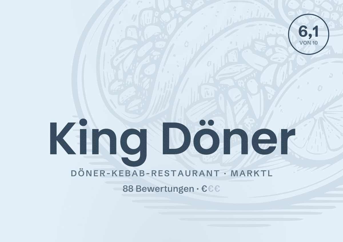 Illustriertes Poster von King Döner, Döner-Kebab-Restaurant in Marktl: Bewertung 6,1 von 10 aus 88 Bewertungen, Preisniveau €