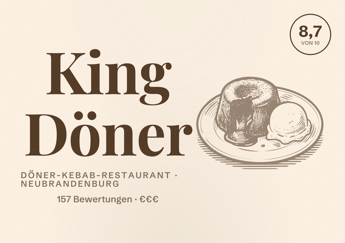 Illustriertes Poster von King Döner, Döner-Kebab-Restaurant in Neubrandenburg: Bewertung 8,7 von 10 aus 157 Bewertungen, Preisniveau €€€