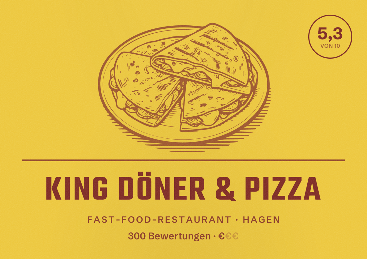 Illustriertes Poster von King Döner & Pizza, Fast-Food-Restaurant in Hagen: Bewertung 5,3 von 10 aus 300 Bewertungen, Preisniveau €