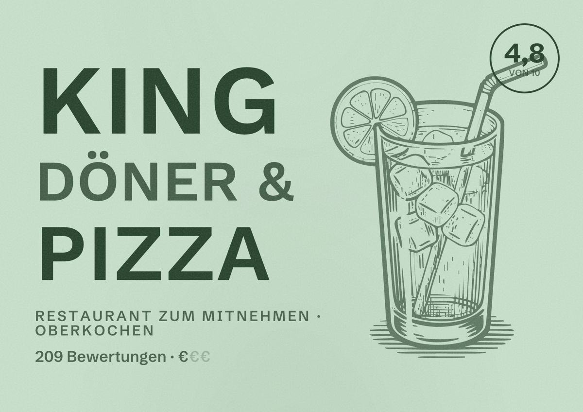 Illustriertes Poster von King Döner & Pizza, Restaurant zum Mitnehmen in Oberkochen: Bewertung 4,8 von 10 aus 209 Bewertungen, Preisniveau €