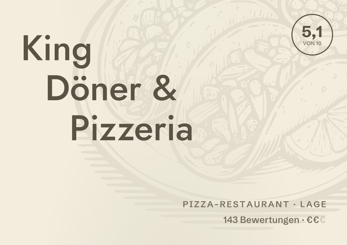 Illustriertes Poster von King Döner & Pizzeria, Pizza-Restaurant in Lage: Bewertung 5,1 von 10 aus 143 Bewertungen, Preisniveau €€