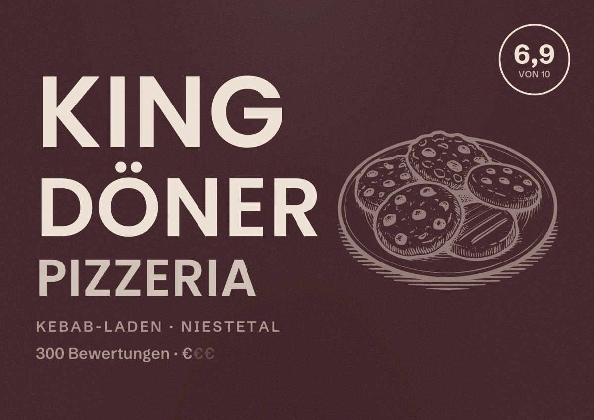 Illustriertes Poster von King Döner Pizzeria, Kebab-Laden in Niestetal: Bewertung 6,9 von 10 aus 300 Bewertungen, Preisniveau €