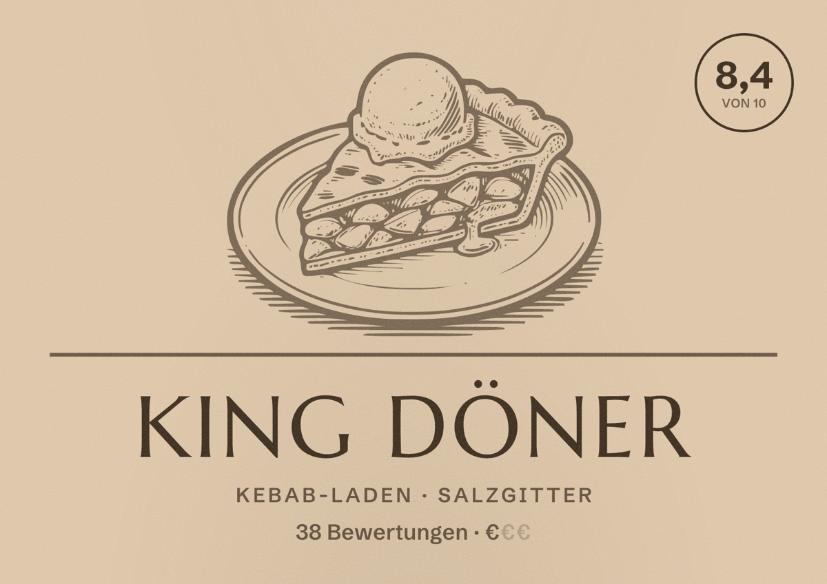 Illustriertes Poster von King Döner, Kebab-Laden in Salzgitter: Bewertung 8,4 von 10 aus 38 Bewertungen, Preisniveau €